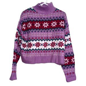 33 Degrees Womens Purple Fair Isle Cropped Sweater Size M 100% Acrylic Winter Kn